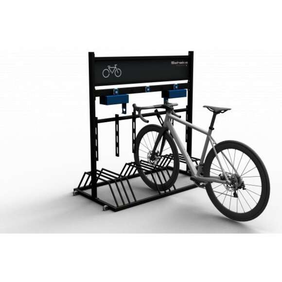 Mobiler Fahrradständer mit Werbeschild und Ladestation